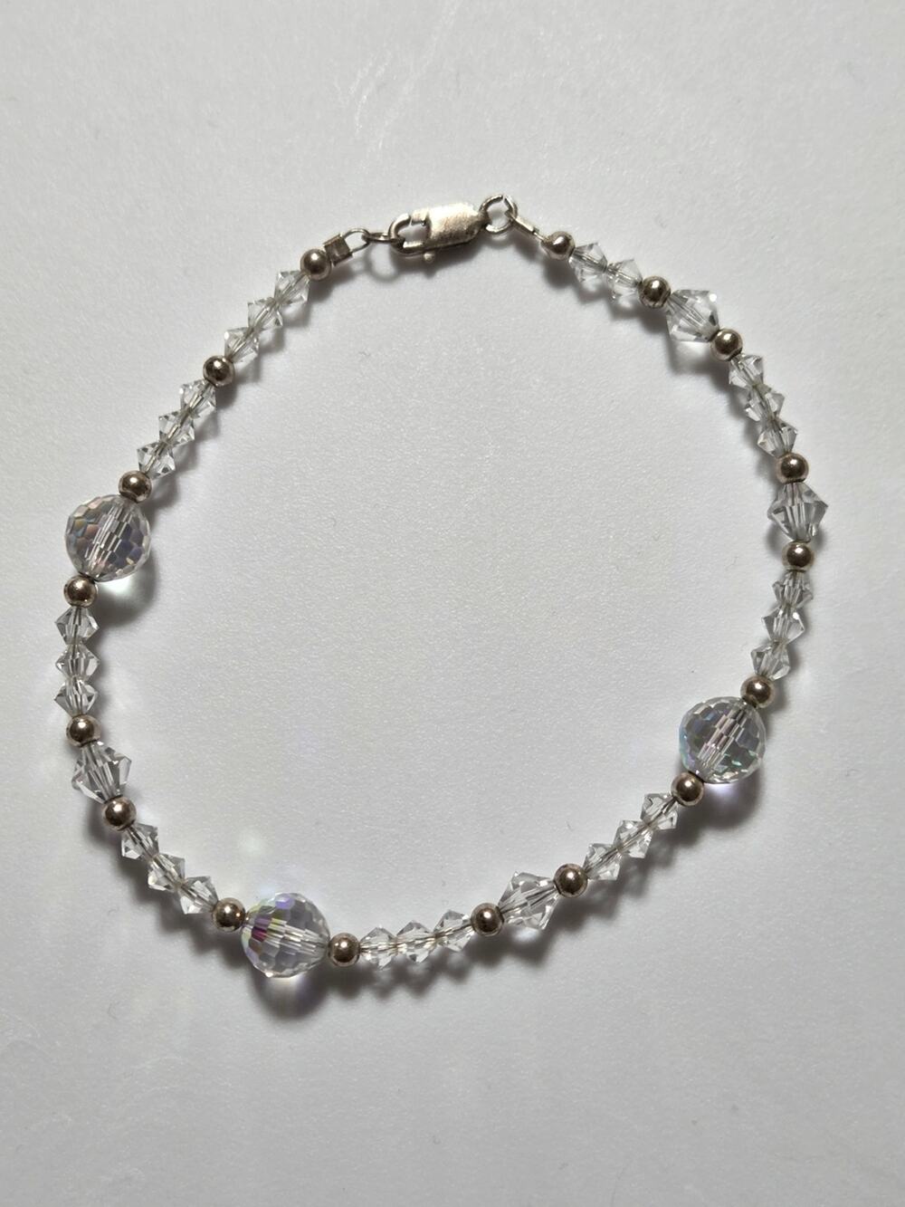 925 Sterling Silver AB Crystal Beaded Bracelet Aurora Borealis 8.25 Inch